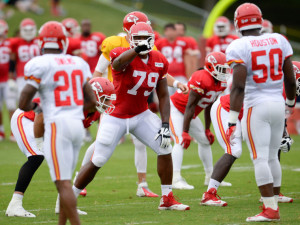 Donald Stephenson makes calls along the Kansas City offensive line in training camp. Offensive coordinator Doug Pederson has mentioned Donald Stephenson in particular as one of the players who improved with an entire offseason to prepare as a starter.