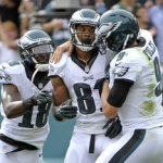 Nick Foles celebrates with WR's Jeremy Maclin and rookie Jordan Matthews. So far the pair have effectively replaced DeSean Jackson's production.