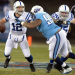 The best player on the Colts, Andrew Luck, trying to evade the best player on the Titan's roster, Jurrell Casey.