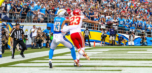 Rookie Phillip Gaines deflecting the ball away from Keenan Allen to hold San Diego to a field goal. Gaines proved deserving of more snaps in the future.