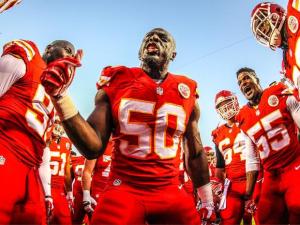 Justin Houston firing his team up to play the St. Louis Rams. Houston currently leads the league in sacks with 10.