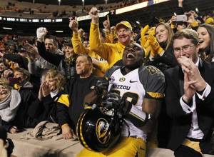 Wide receiver Jimmie Hunt celebrates a victory with Mizzou fans.